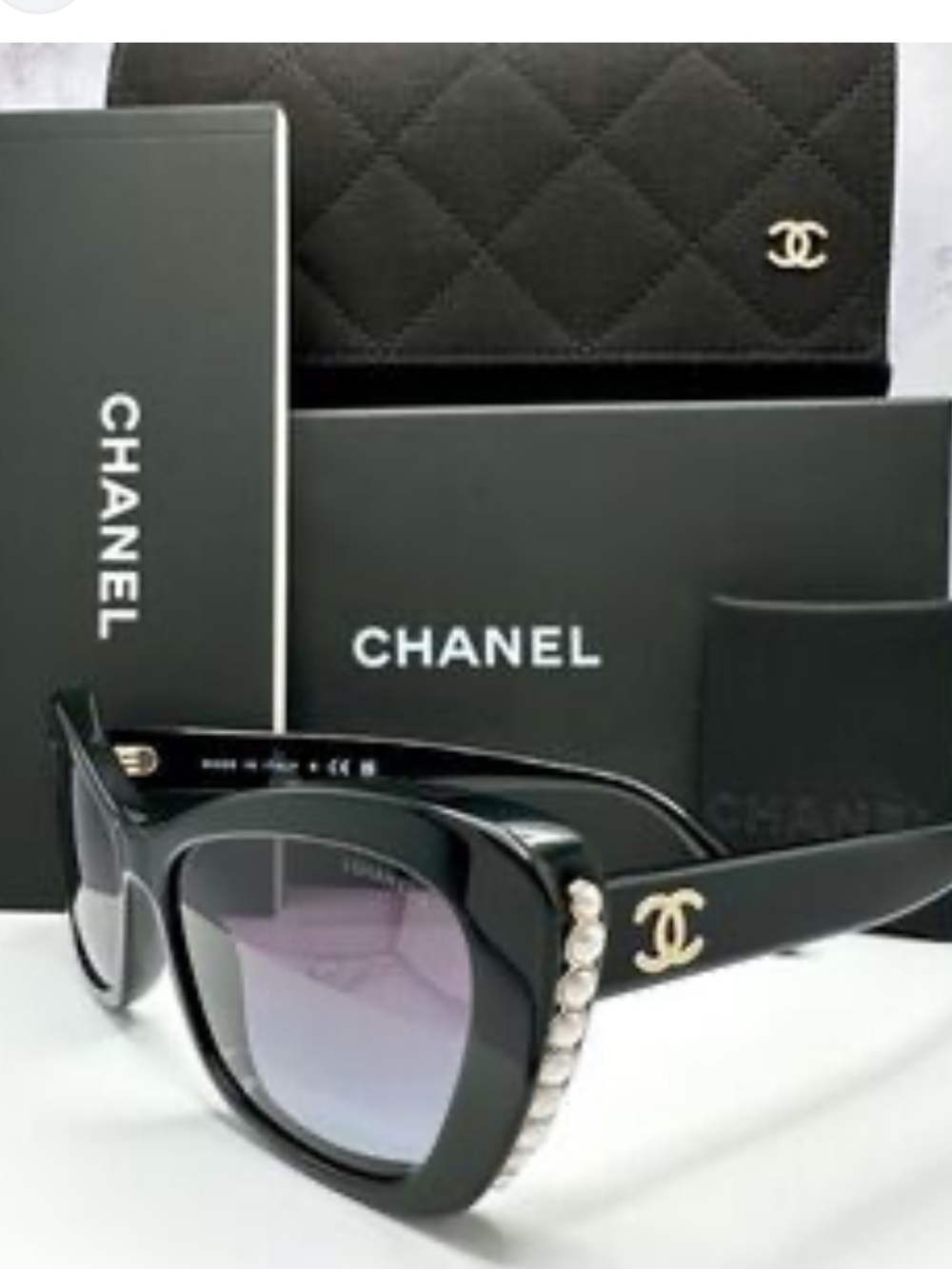 CHANEL Cat-Eye Sunglasses with Pearl Trim & Gold CC